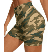 Women Camo Shorts Biker Yoga Legging Shorts Workout Athletic Gym Butt Lifting Shorts Seamless High Waisted Gym Running Sport Scrunch Shorts Dark Camouflage Green